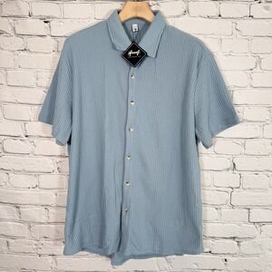 Hoooyi Mens Waffle Knit Button Up Shirt XL Light Blue Textured Short Sleeve